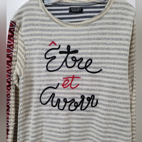 Zara Man Rare Blue Ivory Striped Long Sleeve Cotton Terry Graphic Tee Size Small - Picture 2 of 13